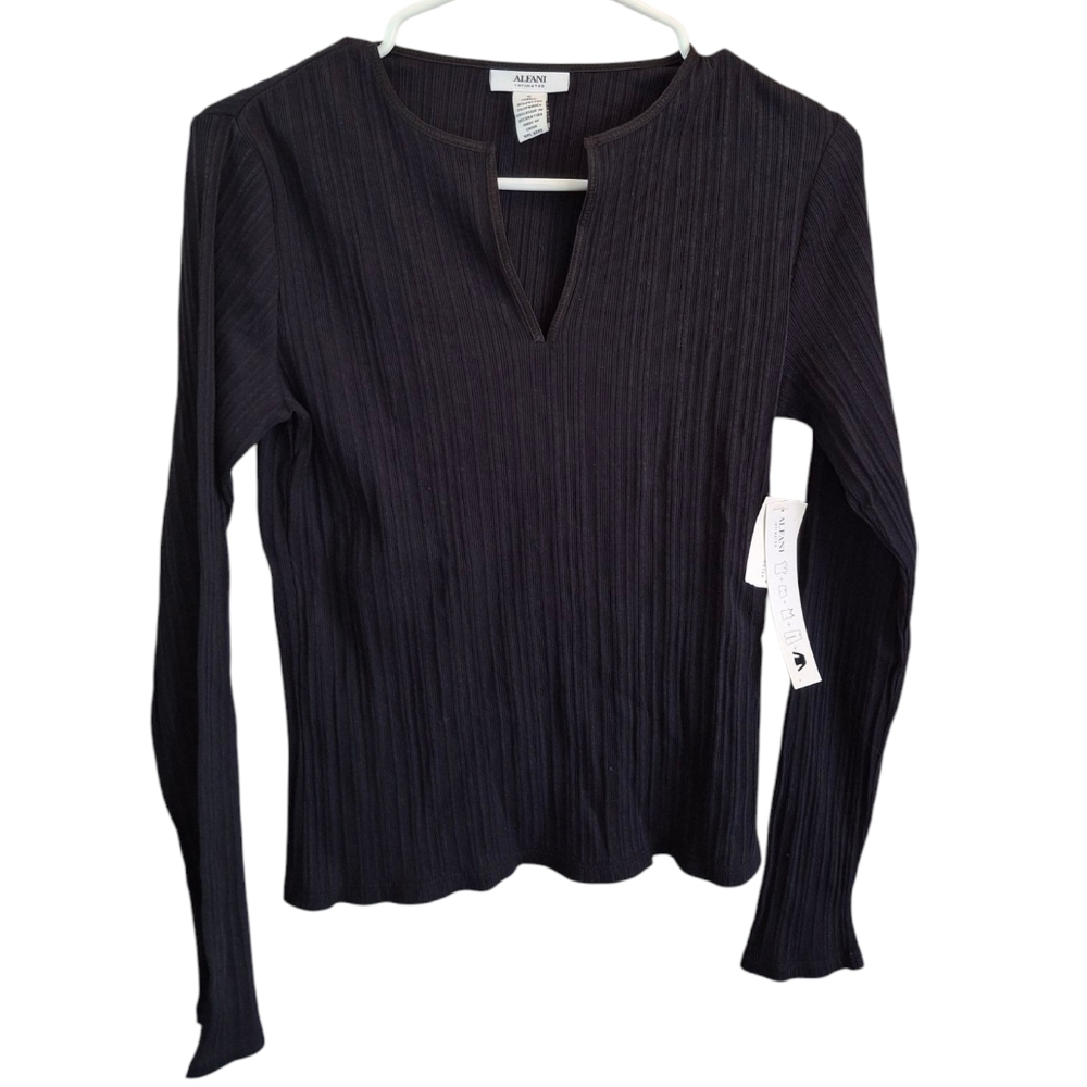 NEW Alfani Black Ribbed Fitted Long Sleeve Blouse